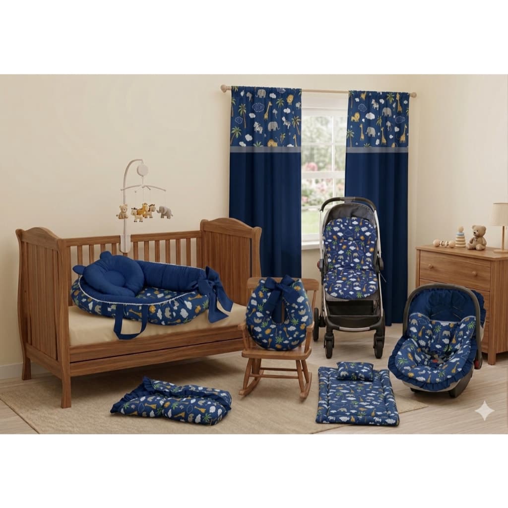 Enxoval Completo Safari para Quarto de Bebê – Ninho redutor + Carrinho + Acessórios etc