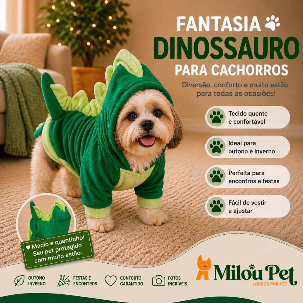 Fantasia Milou Pet Roupa Kigurumi Soft Frio Cão - Dinossauro