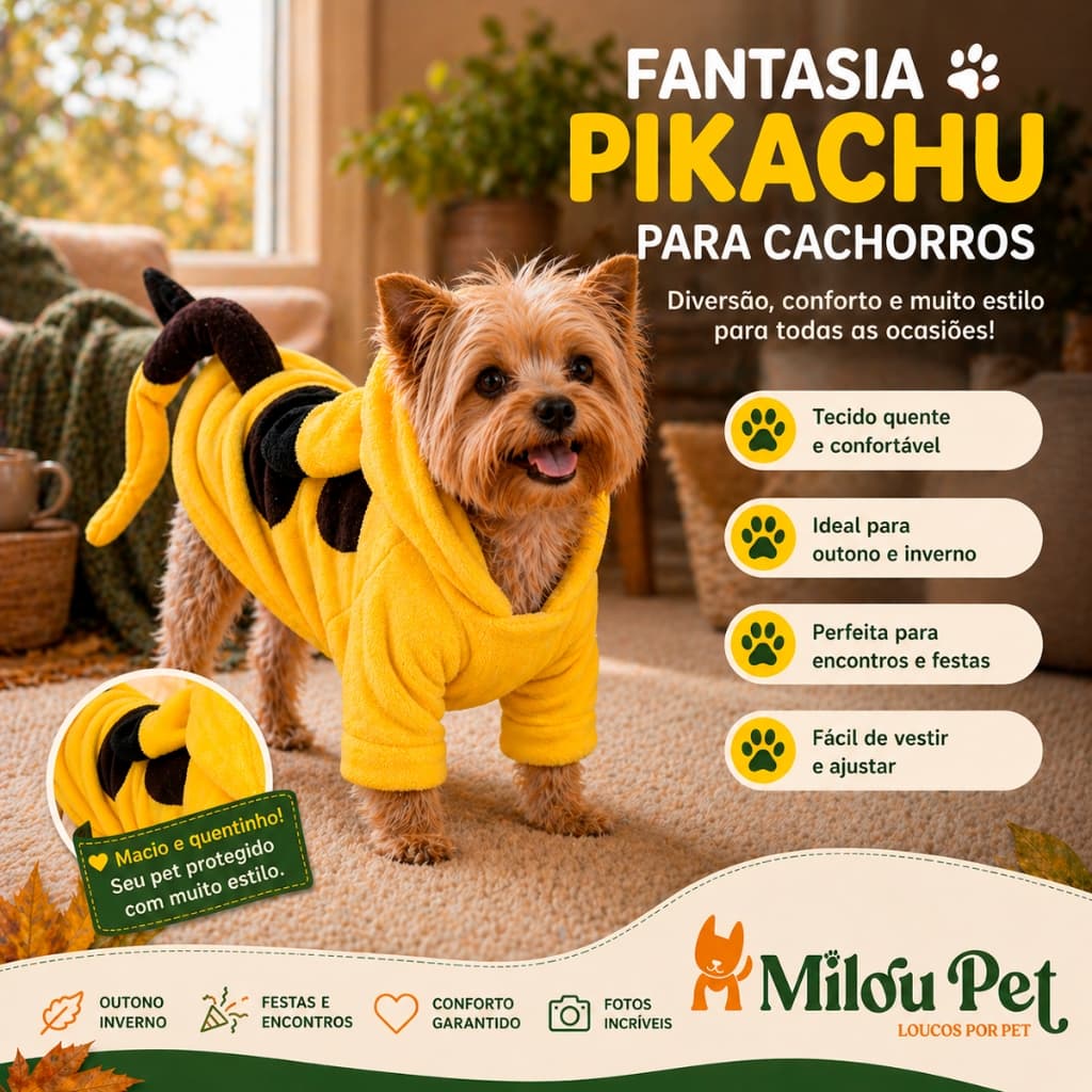 Fantasia Milou Pet Roupa Kigurumi Soft Frio Cão - Pikachu