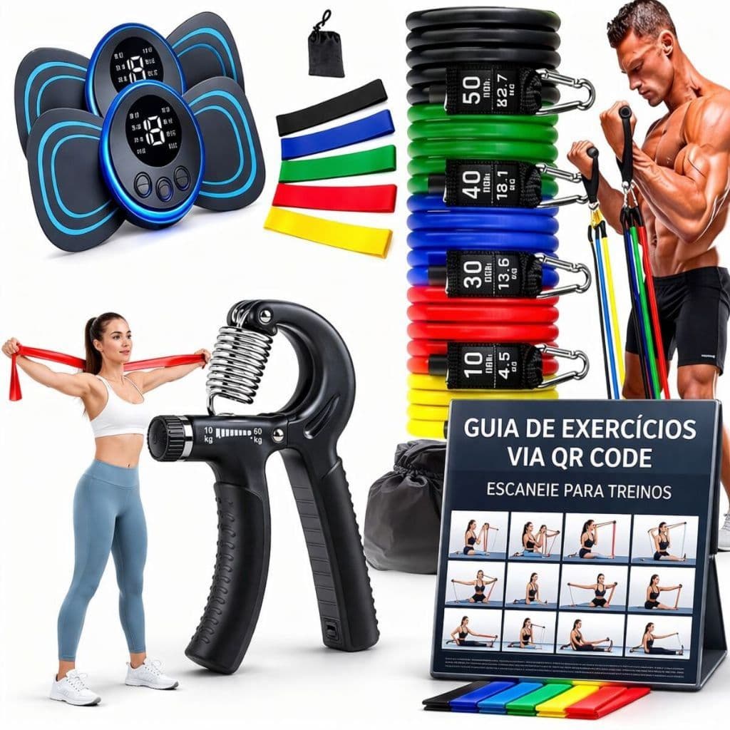 Kit 20 itens: 11 Extensores + Handgrip + 5 Minibands + Massageador + Thera Band