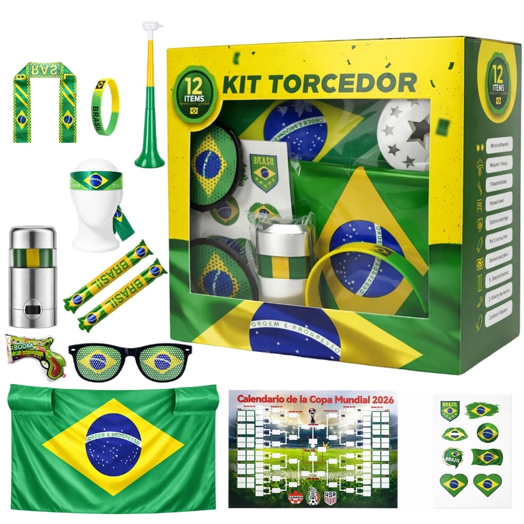 Copa 2026 Combo Torcedor Brasil: Bandeira + Adesivos + Trompete + Pintura Facial