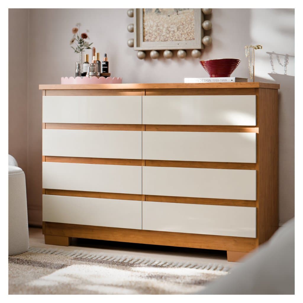 Cômoda Grécia 8 Gavetas com Corrediças Telescópicas MDP MDF para Quarto Casal Solteiro Organizador Roupas Acessórios