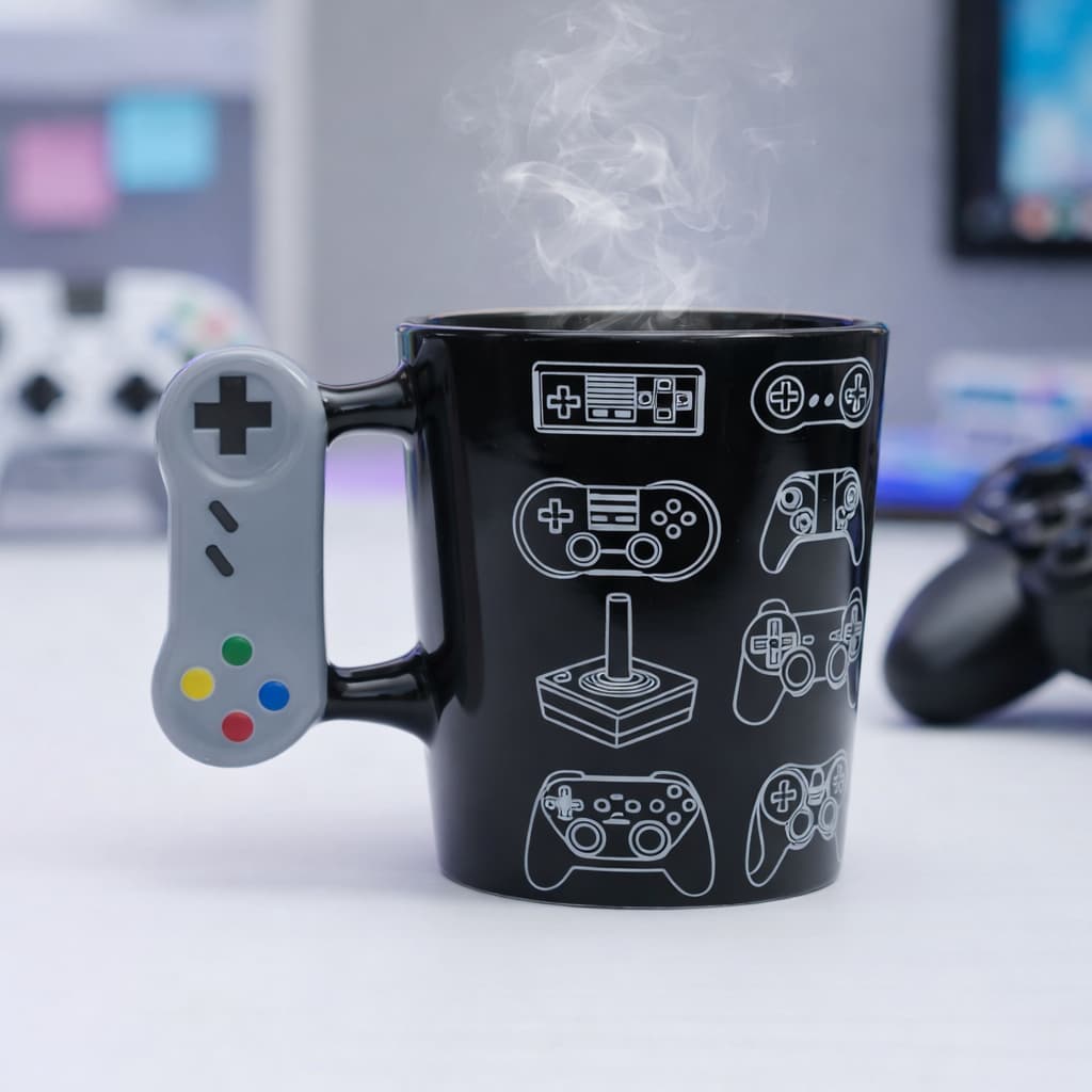 Caneca Gamer Geek Preta Joystick 3D 8 Controles Porcelana 350ml