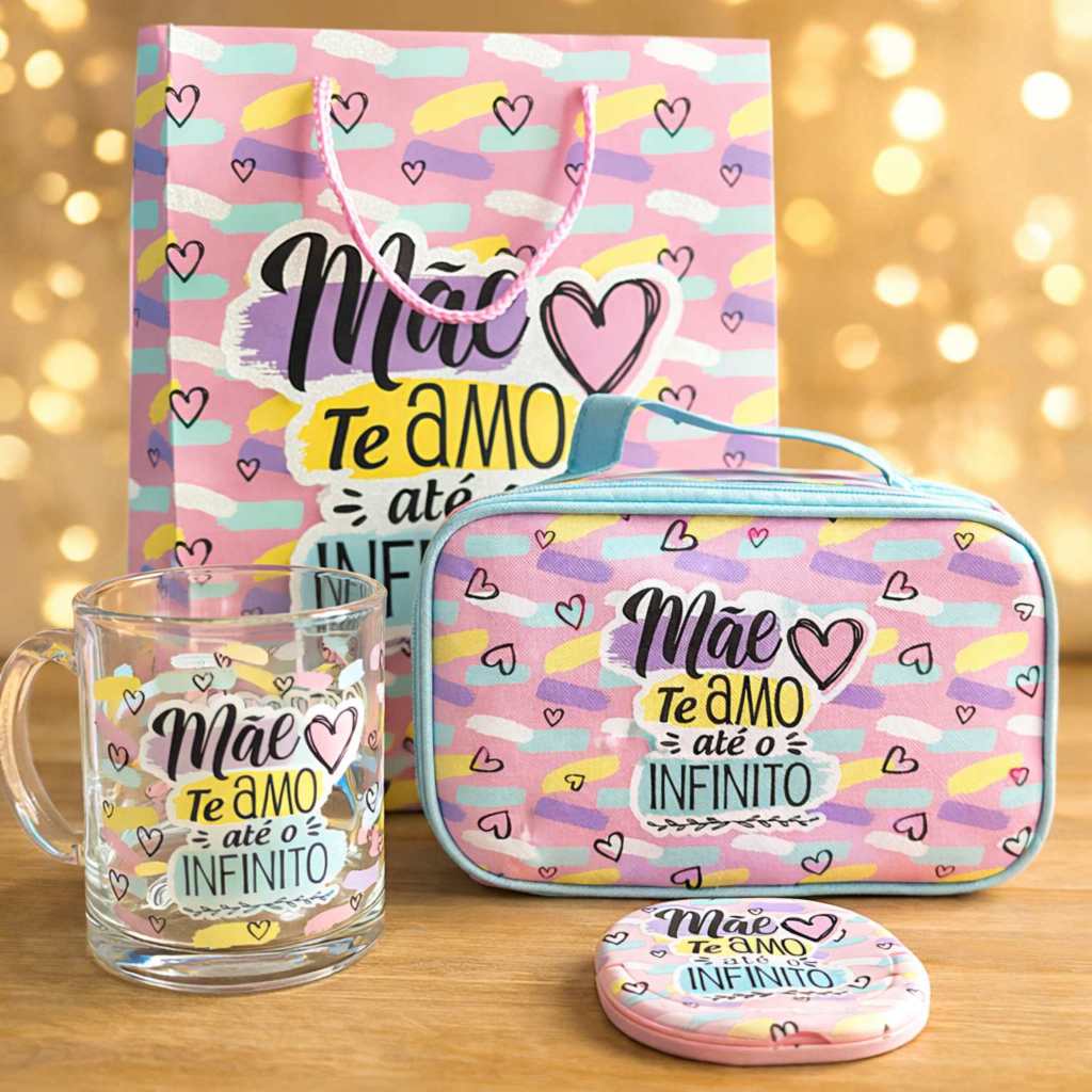 PRESENTE Dia das Mães Kit Necesseire Grande + Caneca Vidro 320ml + Espelho de Bolsa Mãe SACOLA DE PRESENTE BRINDE