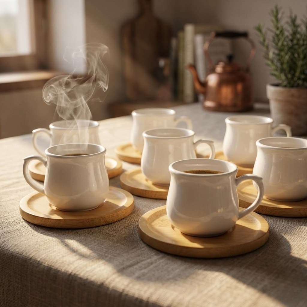 Conjunto 6 Xícaras Porcelana 90ml com 6 Pires Bambu Jogo Café Chá Mesa Posta Elegante kit xícara café