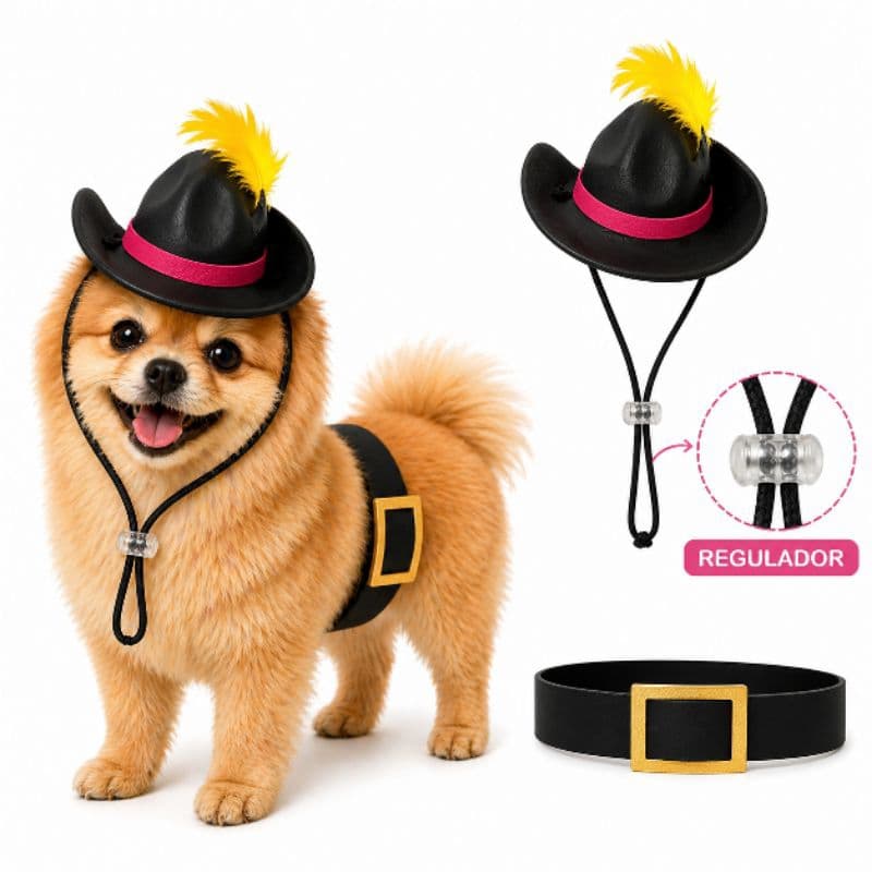 Kit Chapéu e Cinto Gato de Botas para Pets Cães e Gatos Ajustável em EVA Fantasia Pet
