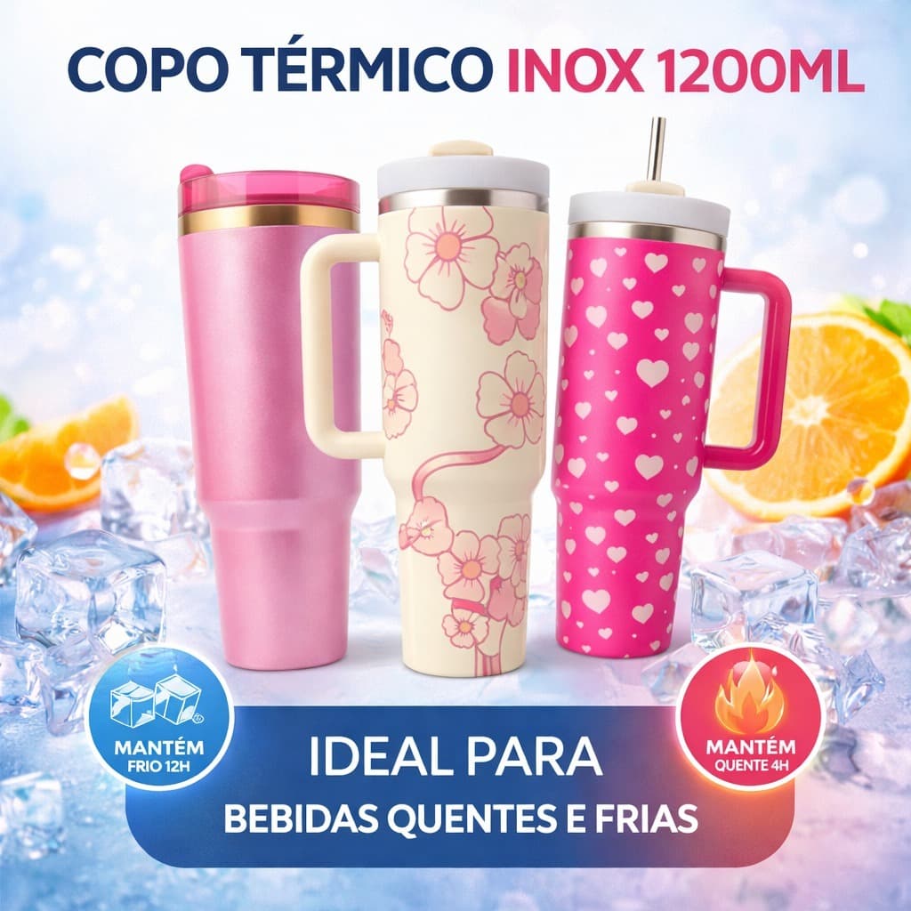Copo Térmico Inox 1200ml com Tampa, Canudo e Alça – Mantém Quente e Frio por Horas