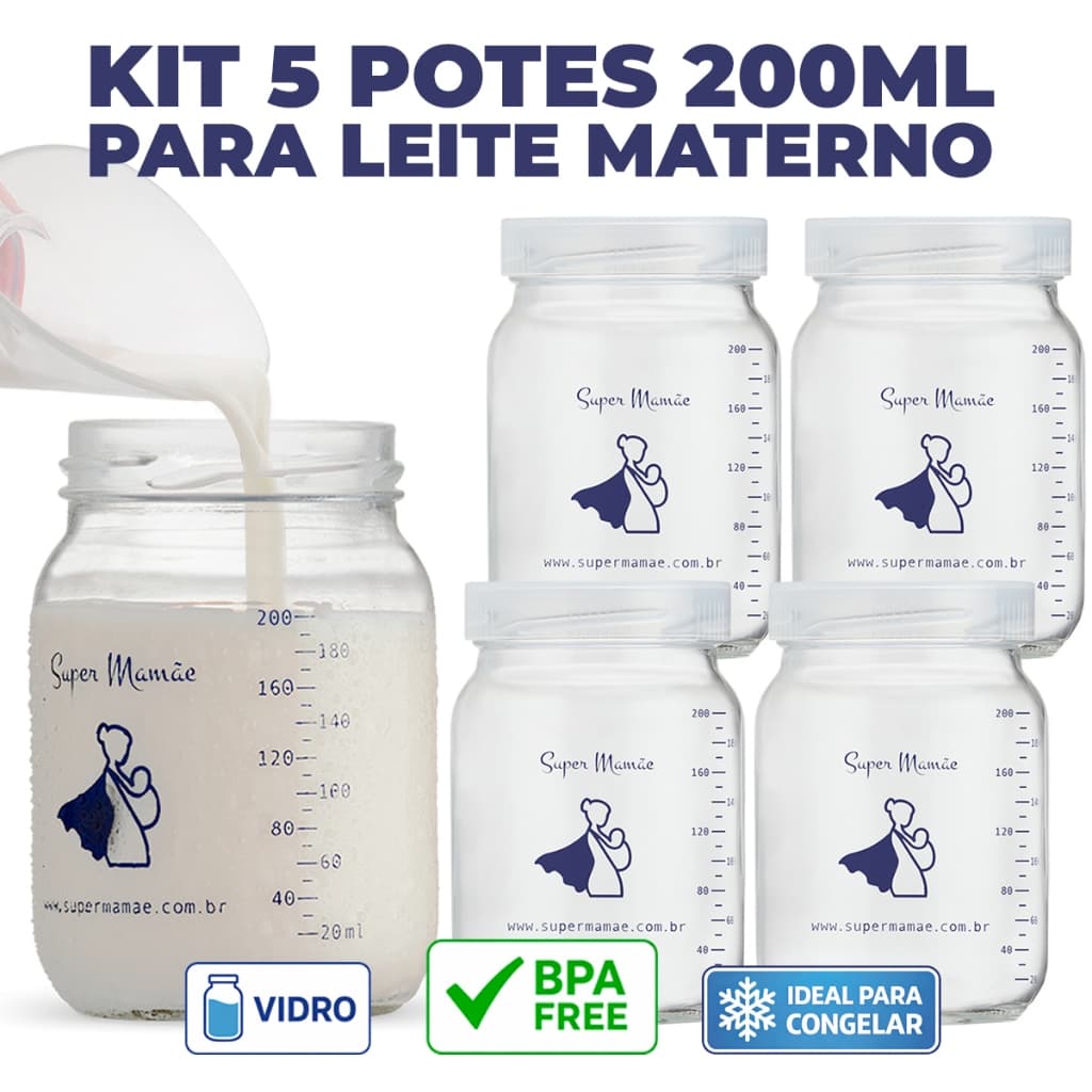 Kit com 5 Potes de Vidro para Armazenar Leite Materno 200ml Com Graduação