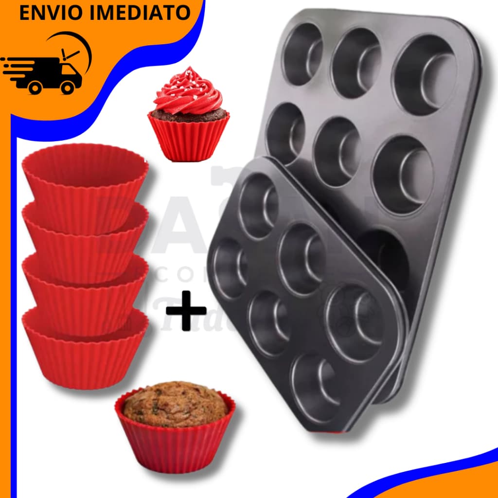 Kit Forma de Cupcake Antiaderente 6 E 12 Cavidades Teflon Bolinho Pão de Mel Pão de Queijo
