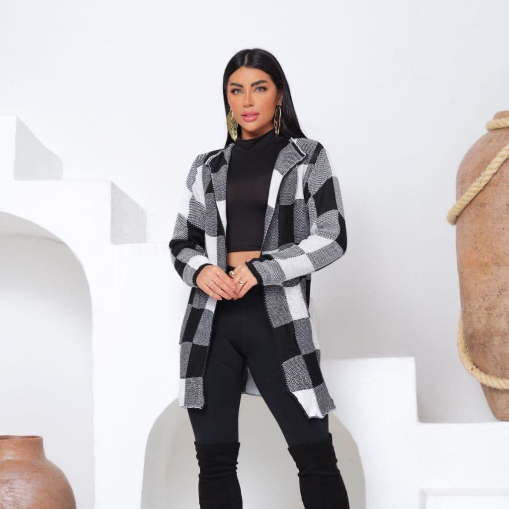 Cardigan Xadrez Casaco Kimono Sobretudo Tricô Moda Inverno Elegante Feminino Frio Lã Boho