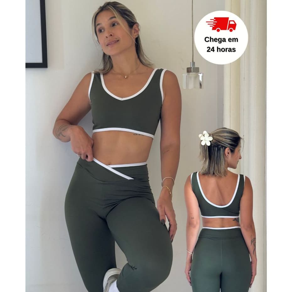 Conjunto Fitness Academia Feminino Bicolor Calça Legging + Top Esporte Viés