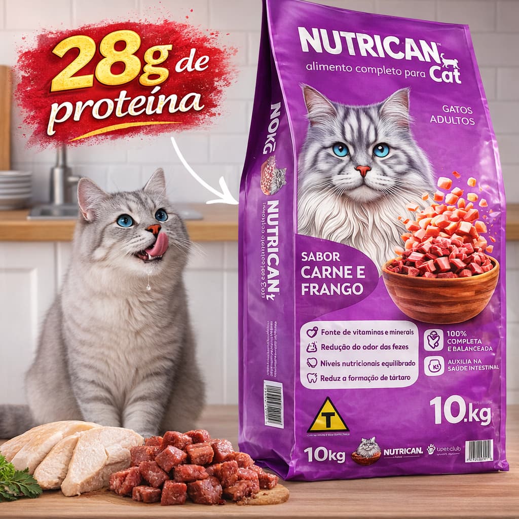 Ração Para Gatos Nutrican Cat 10kg Sabor Carne e Frango Premium