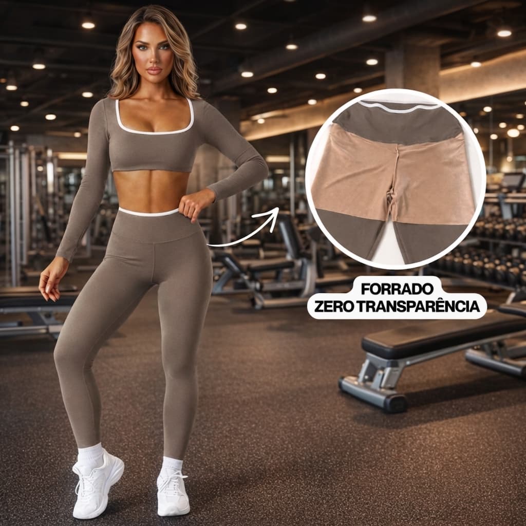 Conjunto Manga Longa Forrado de Academia Fitness Feminino com Top Manga Comprida e Legging Cós Alto