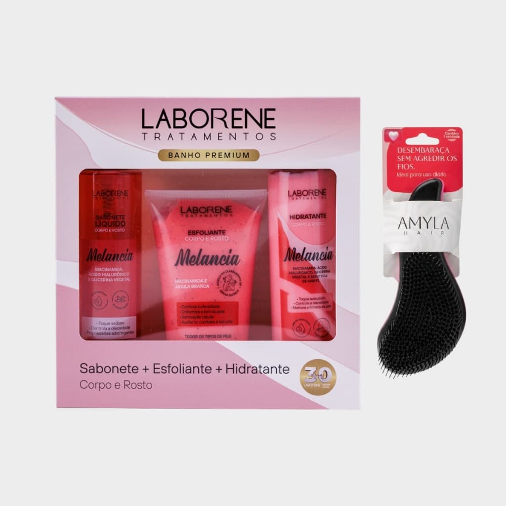 Kit Banho Premium Corpo e Rosto Sabonete Liquido 200ml, Esfoliante 170g e Hidratante 200ml + Escova - Laborene