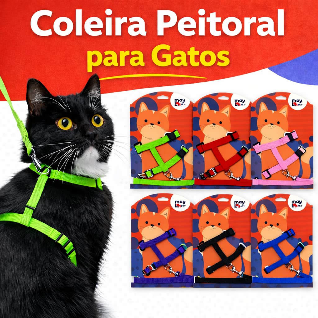 Peitoral Com Guia Para Gatos Pet Ajustável-Cores Sortidas - Cat, passeio