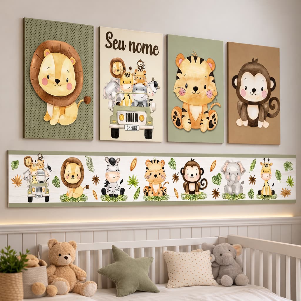 Kit Quadros Decorativos Safari Baby Personalizado Com Nome + Faixa Adesiva de Parede