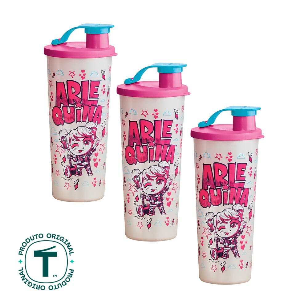 Kit 3 Copos Infantis Tupperware com Bico Kids Arlequina 470ml
