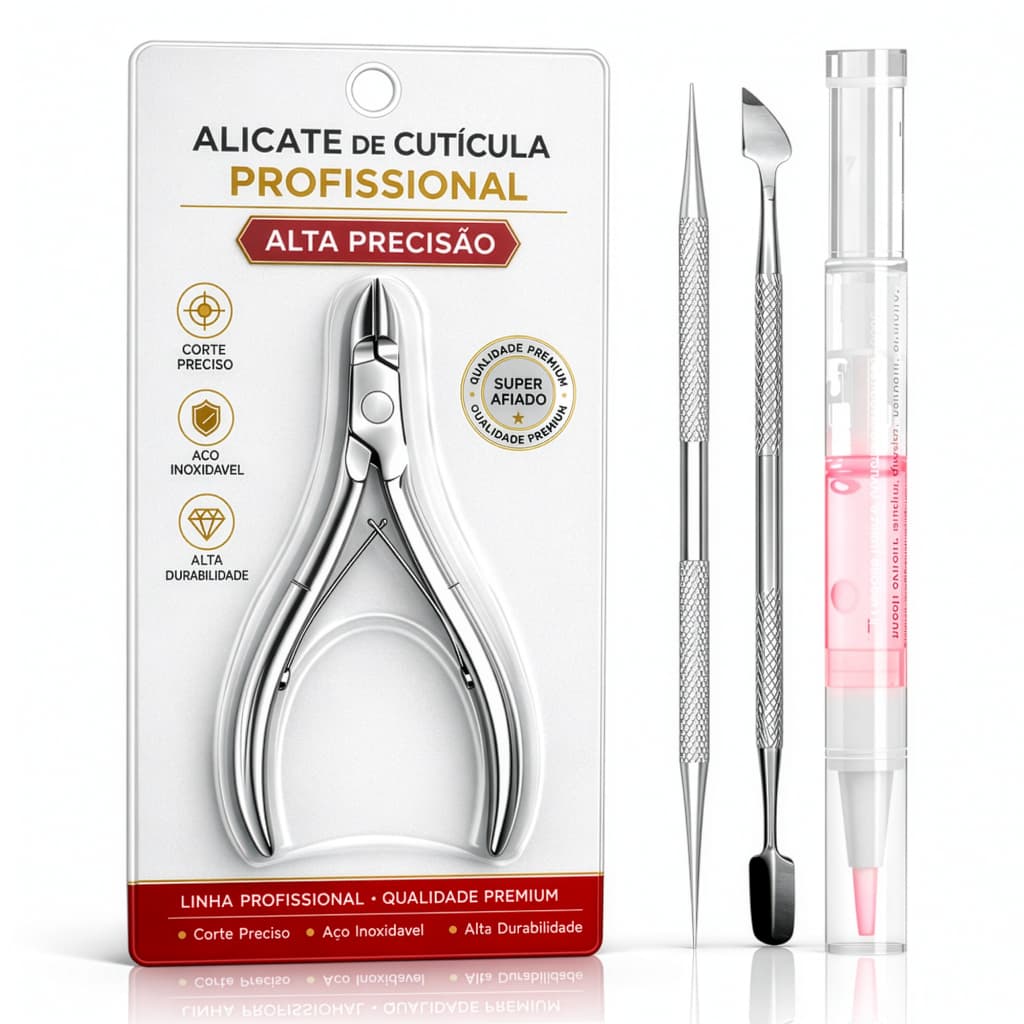 Kit 3 Peças Profissional Manicure Inox Alicate Cutícula Espátula Palito Ponta Dupla Esterilizável