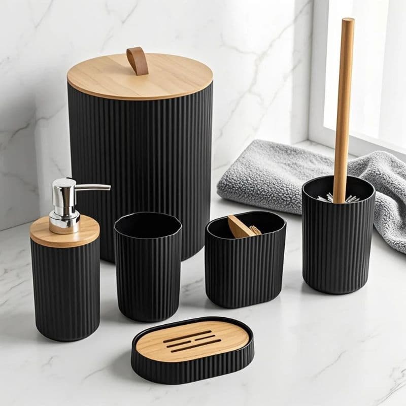 Kit Banheiro 6 Peças Preto com Bambu Acessórios Banheiro Completo Porta Sabonete Escova Sanitária Lixeira Porta Escova C