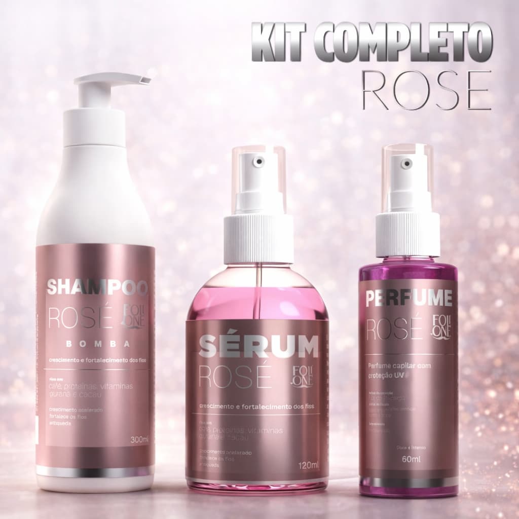 Kit Crescimento Capilar Rosé, Sérum, Shampoo Bomba e Perfume Para Cabelo