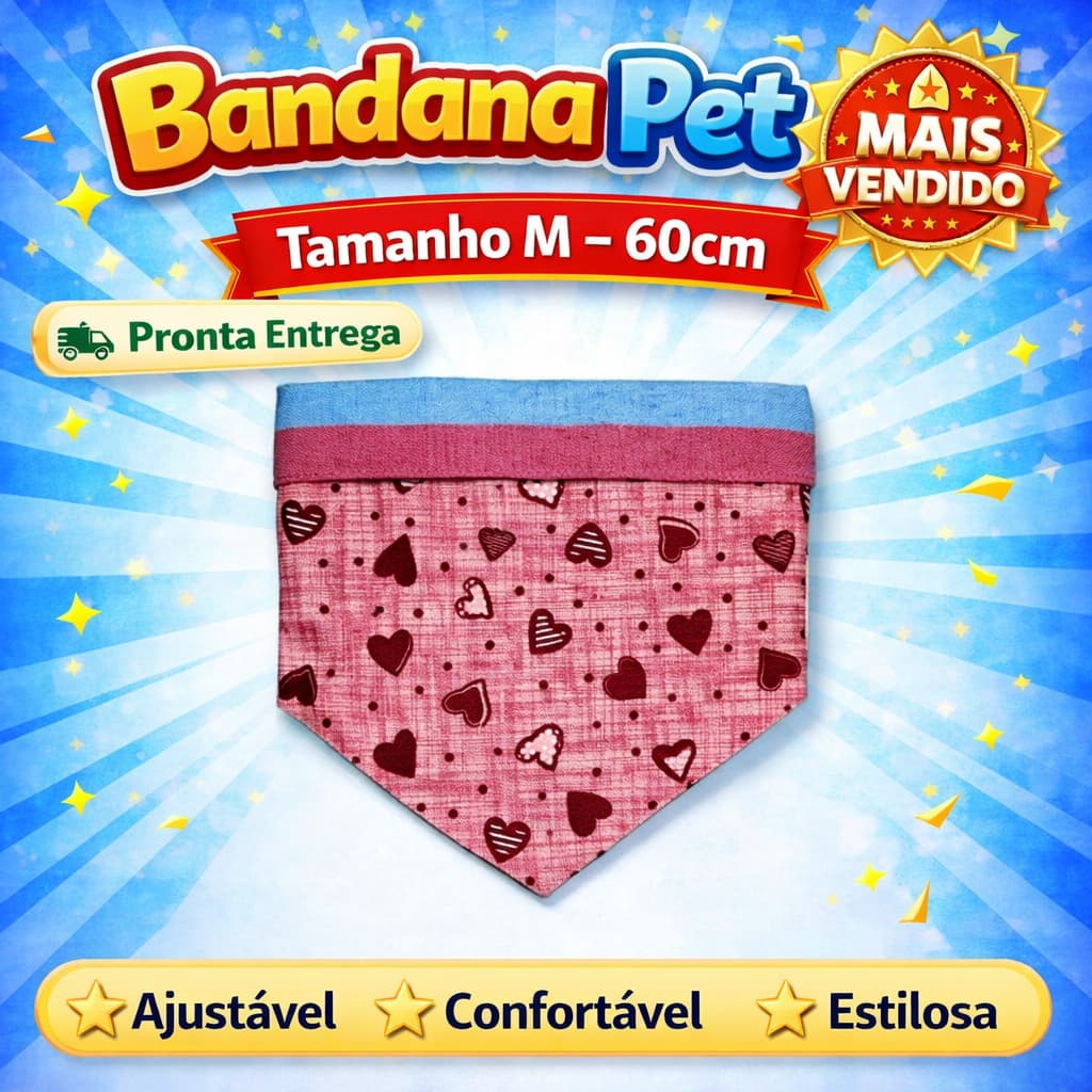 Bandana Pet Dupla Face Pompom Cachorro Acessórios Com laço Elástico Regulável Tamanho M