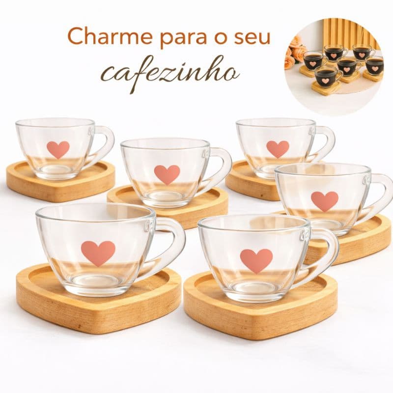 Jogo de Xícaras para Café com Pires de Madeira Coração Cantinho do Café Kit Presente