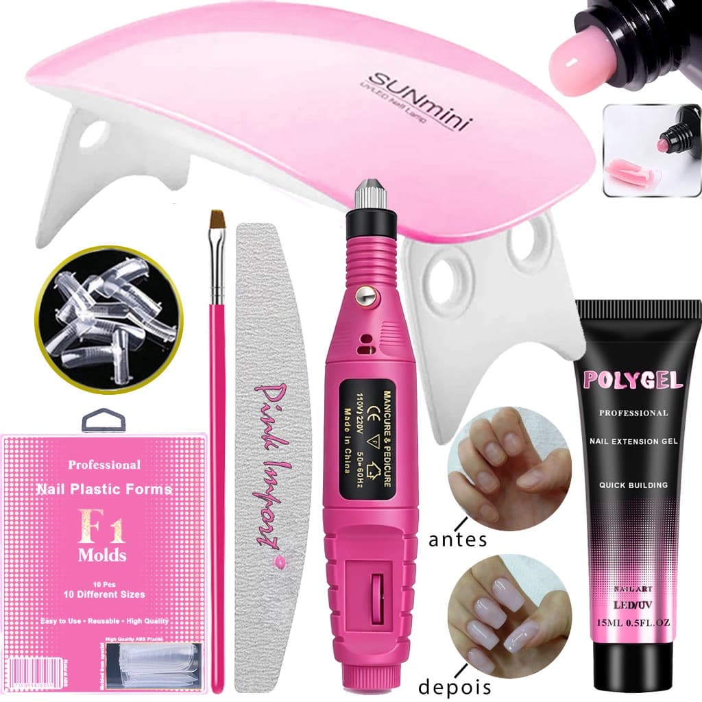 Kit Unha Pollygel Cabine SunMini Portatil Molde F1 Lixa de tips Unhas Postiça