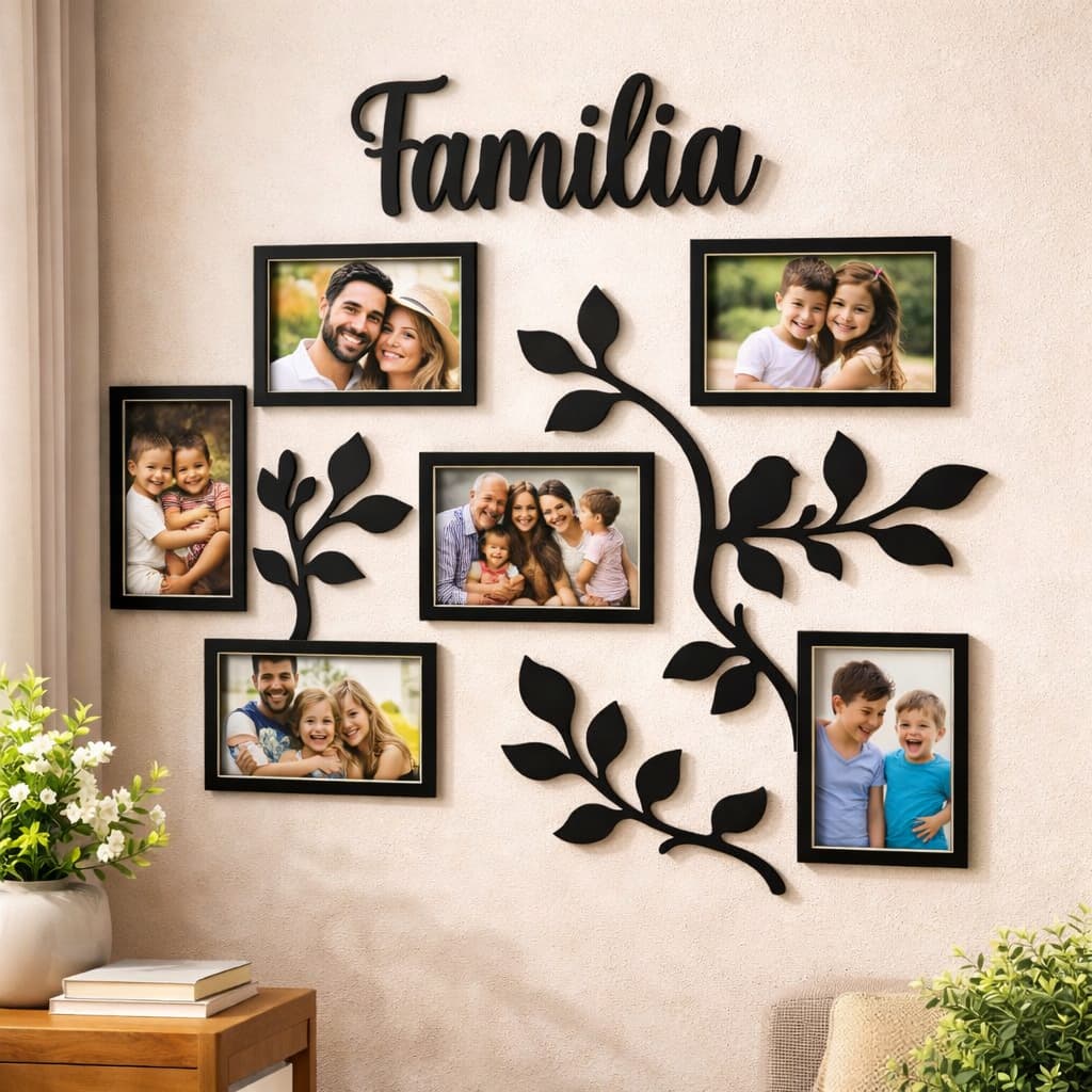 Porta Retrato de Parede Árvore da Família MDF Preto 6 Fotos Mural Decorativo Sala Porta Fotos