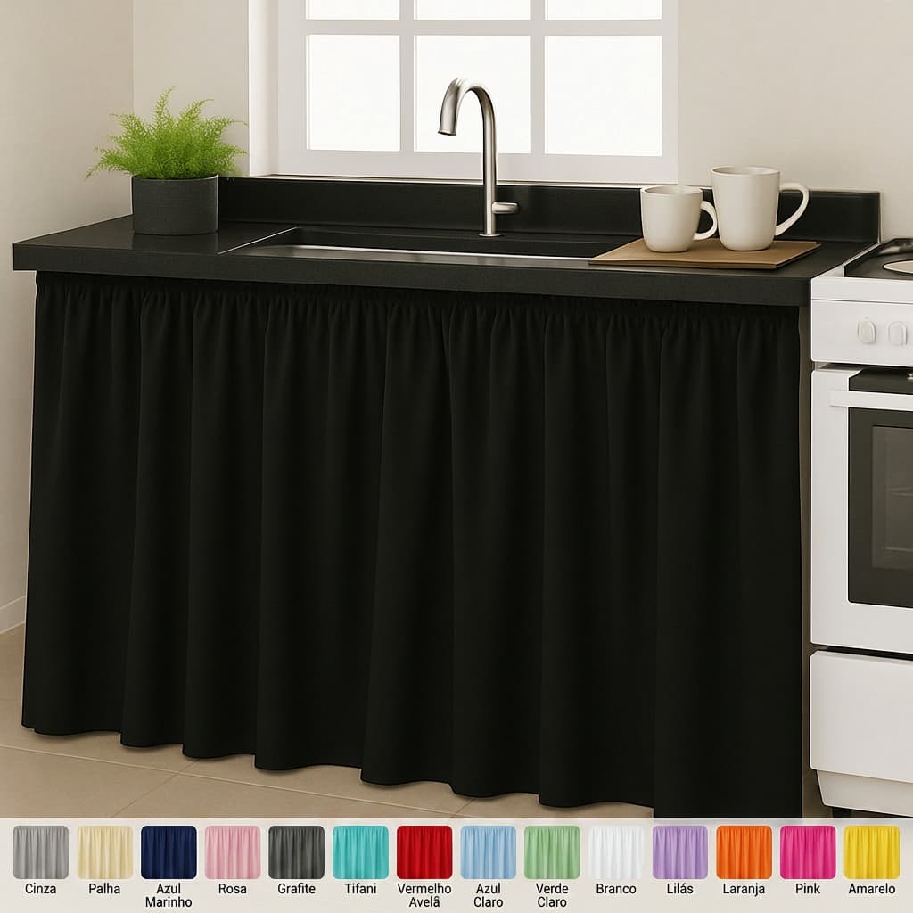 Cortina de Pia Elegante para Cozinha Balcão Tanque 1,40 Metros por 80 cm de Altura