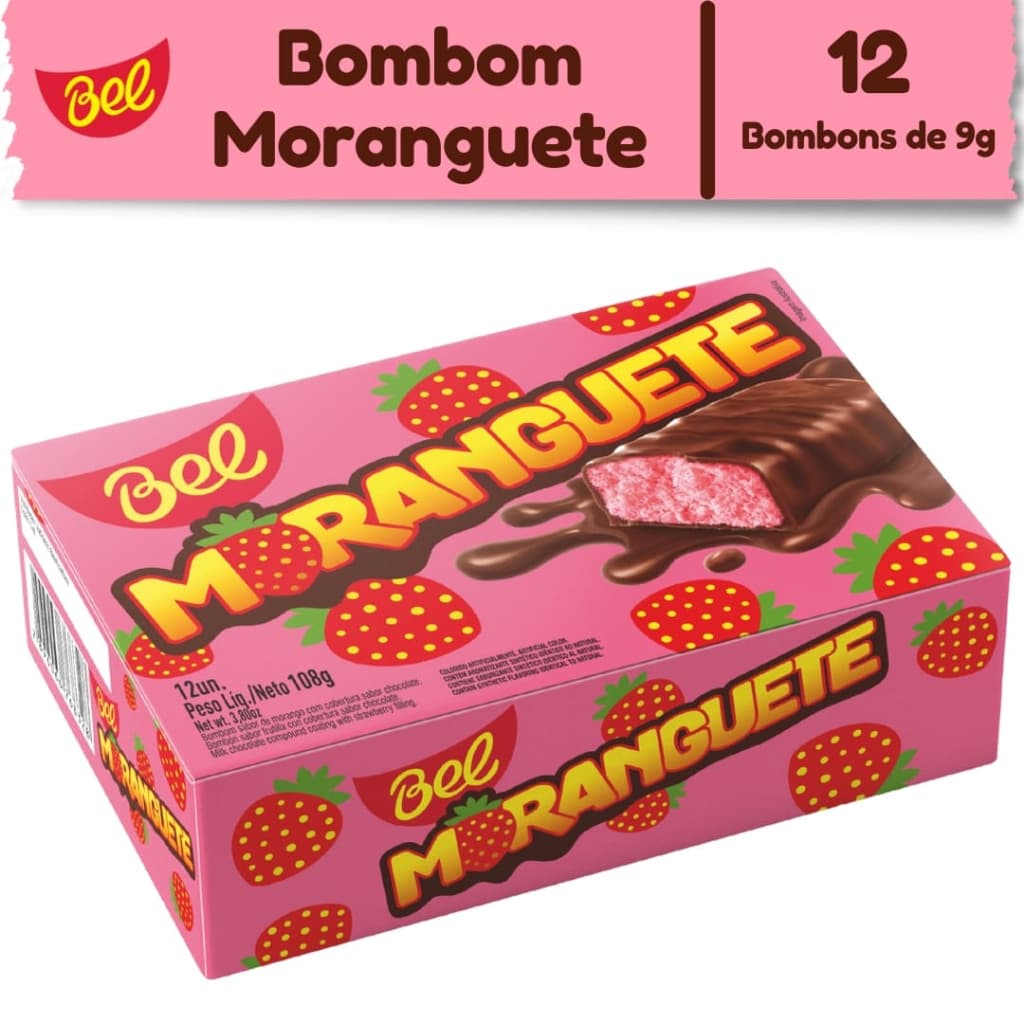 Caixa Bombom Moranguete com 12un de 9g Sabor Morango com Cobertura Sabor Chocolate Bel Chocolates