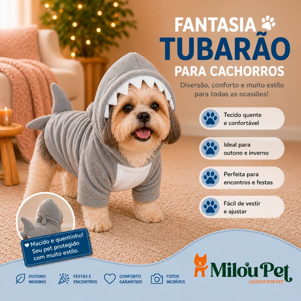 Fantasia Milou Pet Roupa Kigurumi Soft Frio Cão - Tubarão