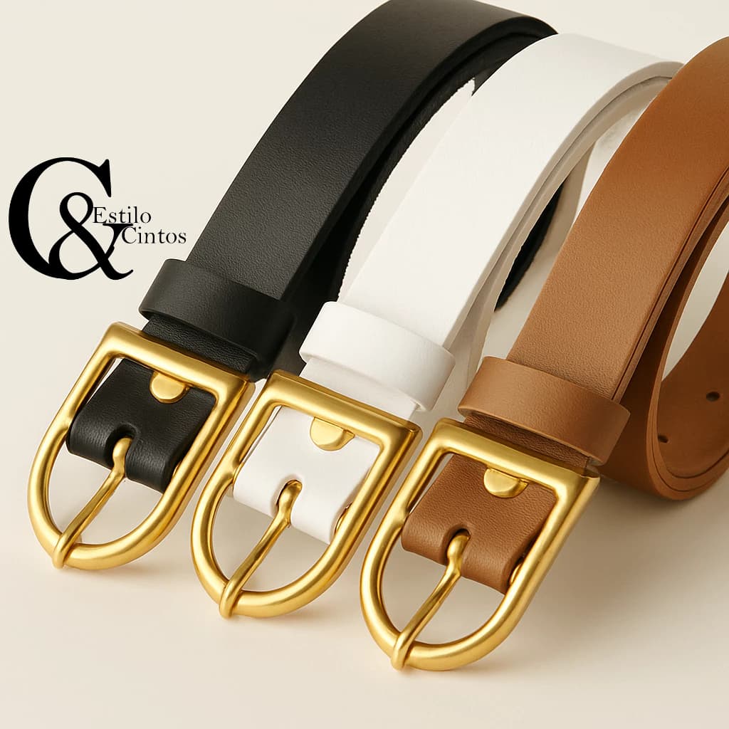 Kit 3 Cinto Feminino Couro Elegante com Fivela Dourada casual plus size – Preto Branco Caramelo