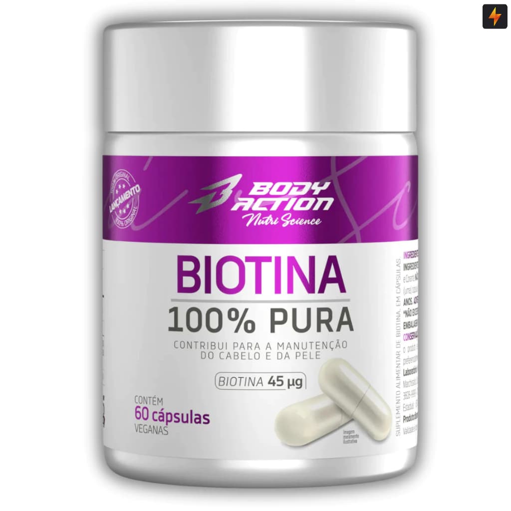 Biotina 100% Pura 45mcg 60 Cápsulas Body Action Manuteção Cabelo e Pele