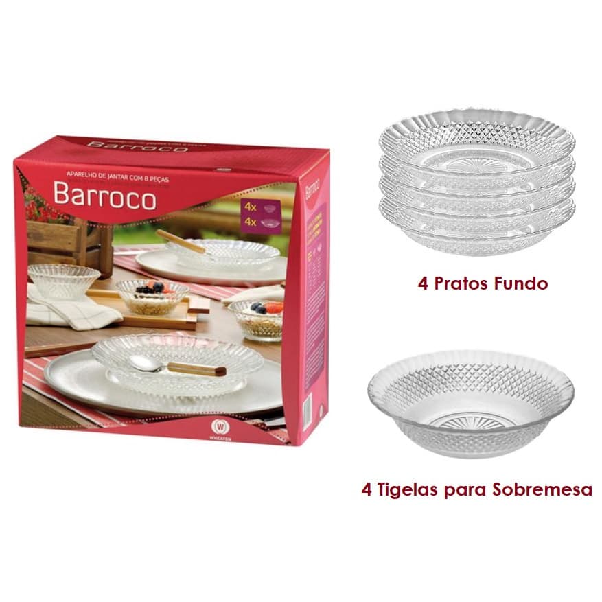 Conjunto/Aparelho De Jantar Com 8 Peças 4 pratos fundos 4 tigelas de sobremesa Barroco Wheaton