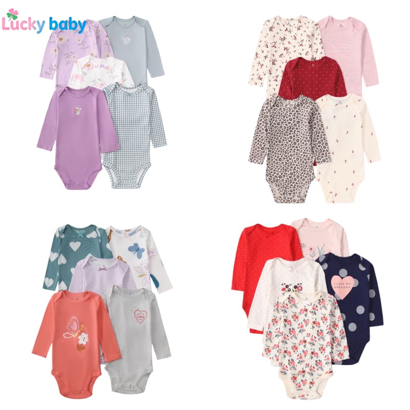 Lucky Baby Kit 5 Bodies Bebê Unissex Manga Longa 100% Algodão 6-24 Meses Básico Prático Uso Diário