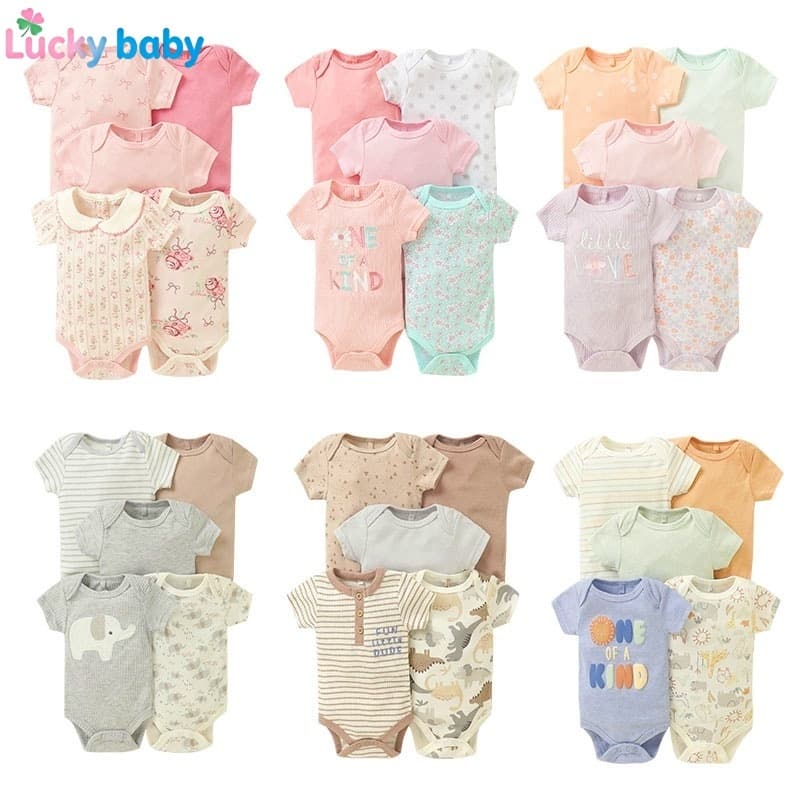 Lucky Baby Kit 5 Bodies Bebê Verão Recém-Nascido Unissex Manga Curta Prático e Versátil 0–9 Meses Uso Diário Básico