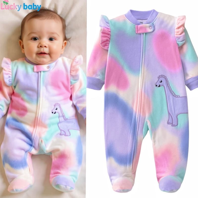 Lucky Baby Macacão Bebê Inverno Menina Manga Longa Fleece 0–12 Meses Bordado Animal Babado Ombro