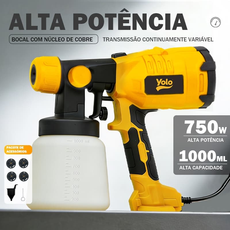 Pistola Pintura Pulverizador de Tinta de Grande Tamanho com Capacidade de 1000ml, 750W  YOLO