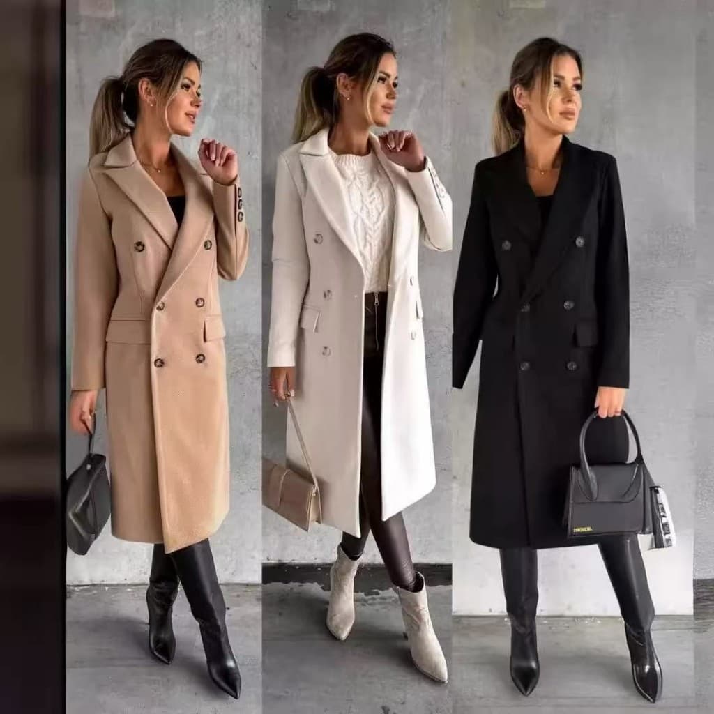 Casaco De Lã Feminino Lapela Casual Plus size Para Outono/Inverno Elegante De Cor Lisa Longo De Lã Moda Sobretudo Para