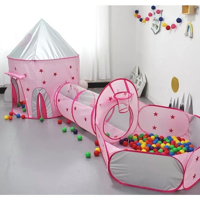 Tenda Toca Túnel 3x1 Barraca Princesa Astronauta Piscina Para Bolinhas E Cesta Basquete Playground
