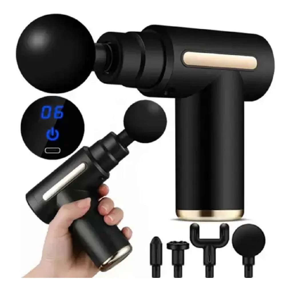 Massageador Elétrico Profissional Muscular Pistola Portátil Original c/ 6 Níveis e 4 Ponteiras