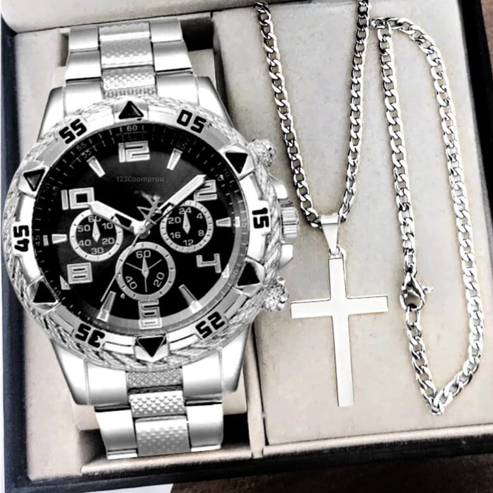 Kit Relógio Masculino Aço Inox Resistente a Água Com Corrente Cruz e Pulseira Presente Dia Dos Pais