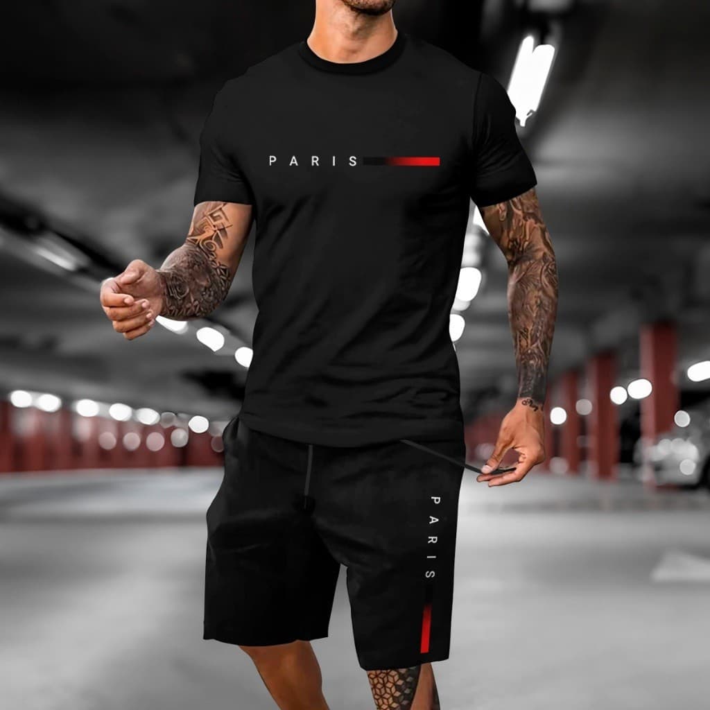 Kit Bermuda + Camiseta PRETA PARIS MINIMALIST kit Basico Algodão Malha Premium M1
