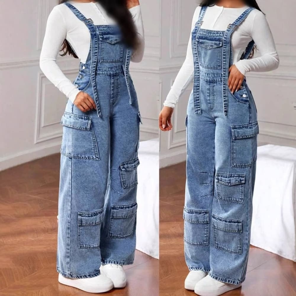 Jeans femininos calças Jeans macacão Multi-bolso calças Cargo de perna larga atacado