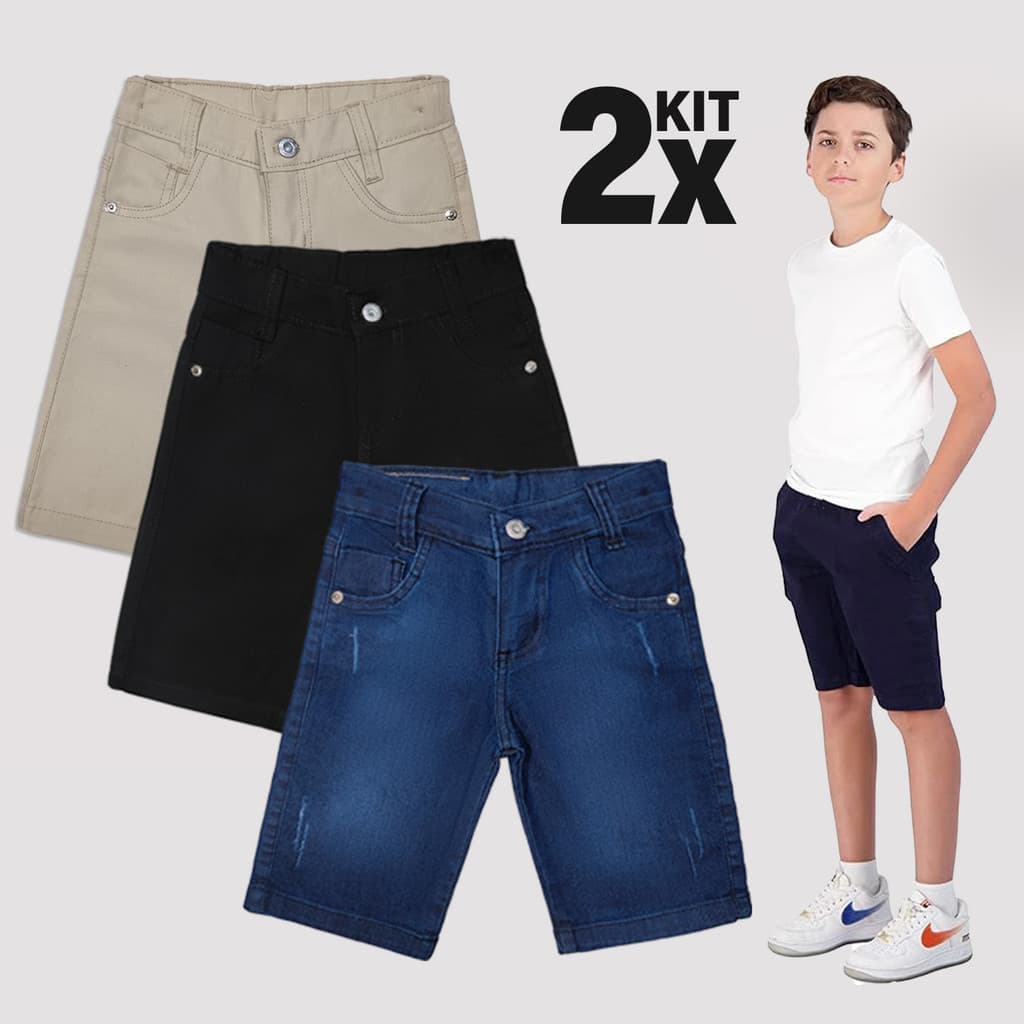 Kit 2 Bermudas Infantil Social Sarja Brim Short Jeans Menino