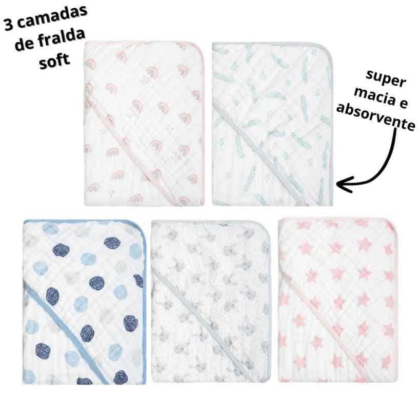 Toalha de Banho Bebê Papi Soft Com Capuz Bordado 3 Camadas de tecido fralda 80x80cm