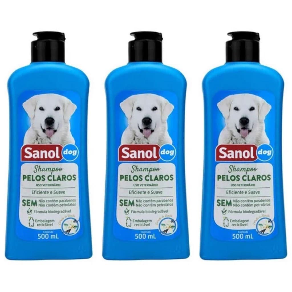 KIT COM 3 SANOL DOG SHAMPOO PELOS CLAROS COM GLICERINA 500ML