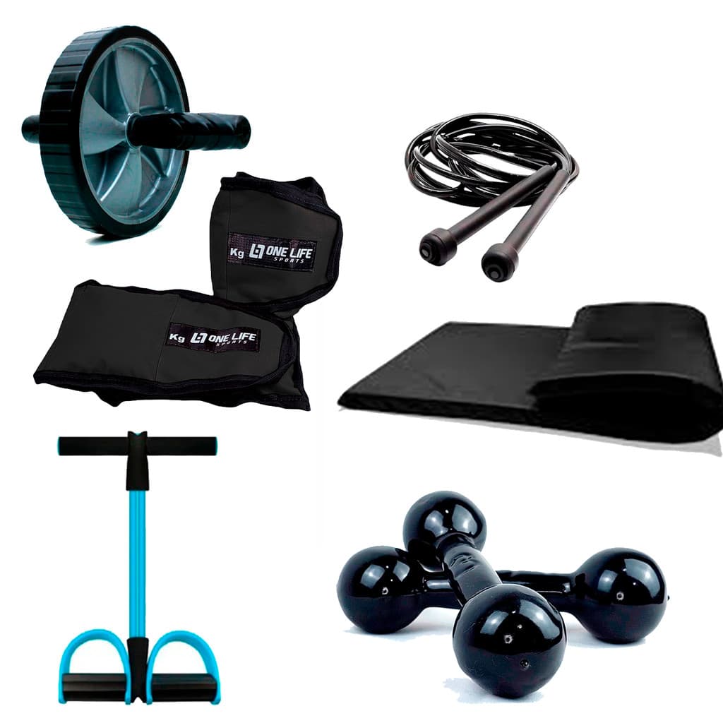 Kit Treino aeróbico Completo - Caneleira de 1kg  + Halter de 1kg + colchonete + Roda + Extensor + Corda