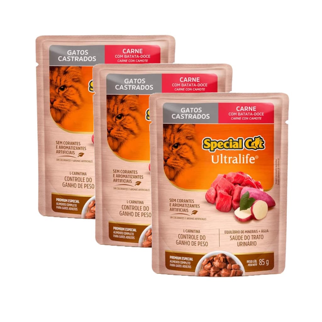 KIT 3 SPECIAL CAT SACHÊ GATO ADULTO CASTRADO CARNE 85GR