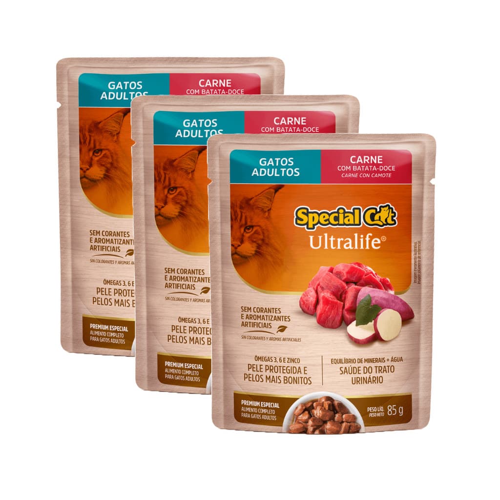 KIT 3 SPECIAL CAT ULTRALIFE SACHÊ GATO ADULTO CARNE 85GR
